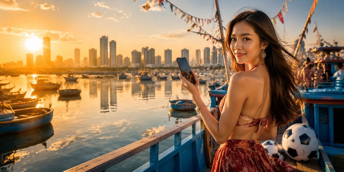 Người dùng Mũi Né ngồi trên bãi biển buổi chiều tà, xem kết quả giải thưởng bóng đá và slots trên điện thoại